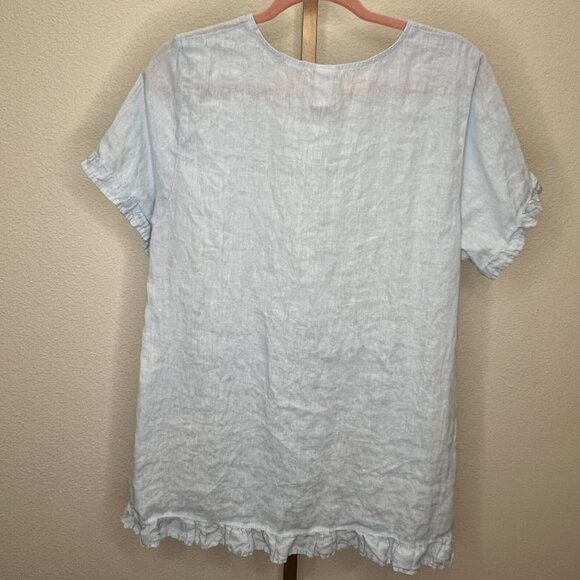Match Point Linen Crew Neck Tunic Blouse Ruffle Hem Sky Blue Size Large - Picture 6 of 6
